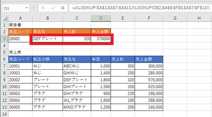 報告書の［商品名］の列に入力した XLOOKUP 関数を［売上数］［売上金額］の列にコピー アンド ペースト