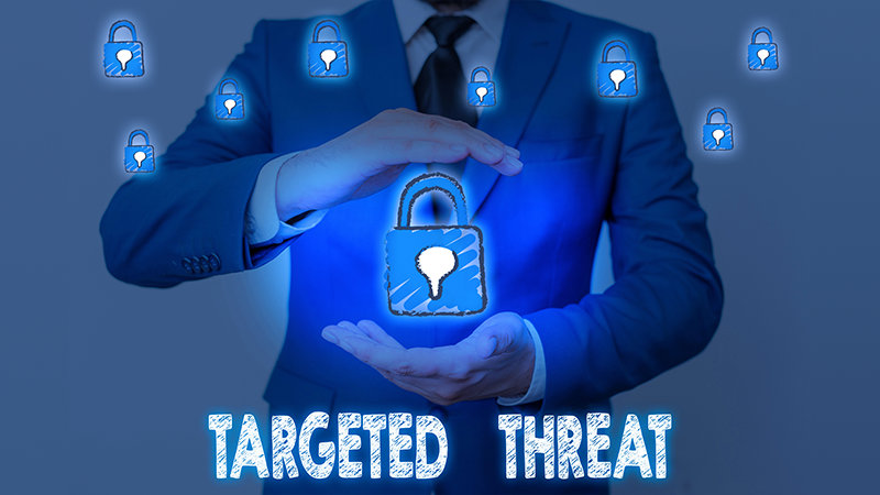 ビジネス パーソンの写真、南京錠のイラストと TARGETED THREAT の文字