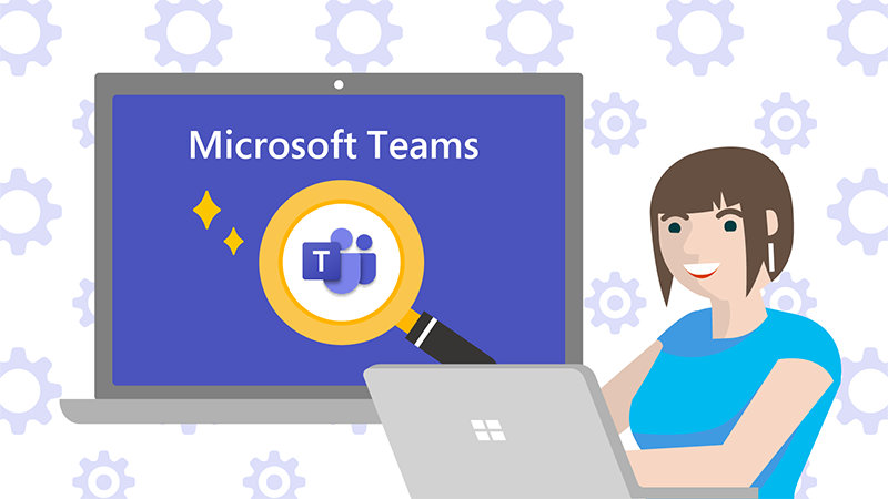 ノート PC を操作する人物と Microsoft Teams 検索していることを表すイラスト