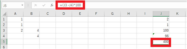 96 の下の J5 に入力した上の 2 つのセルを引き算して 100 をかける式を入力