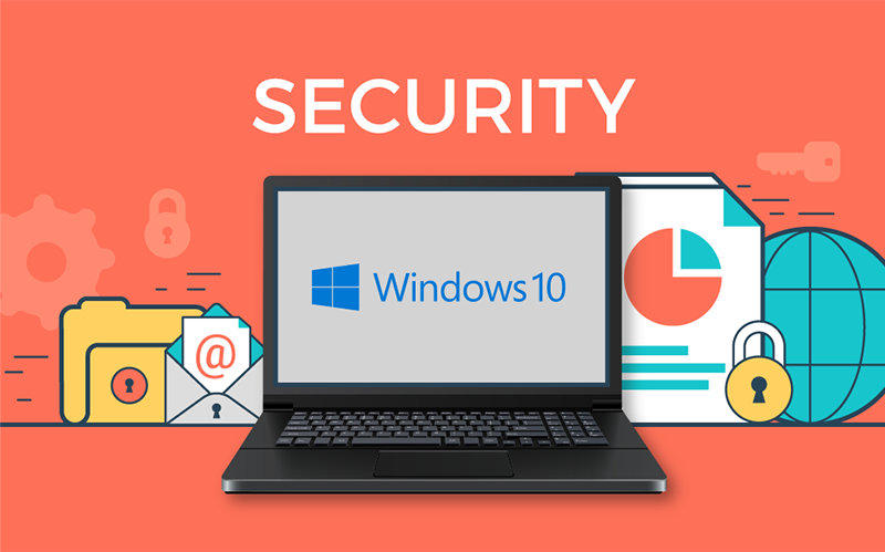 SECURITY の文字と Windows 10 のロゴを表示したノート PC