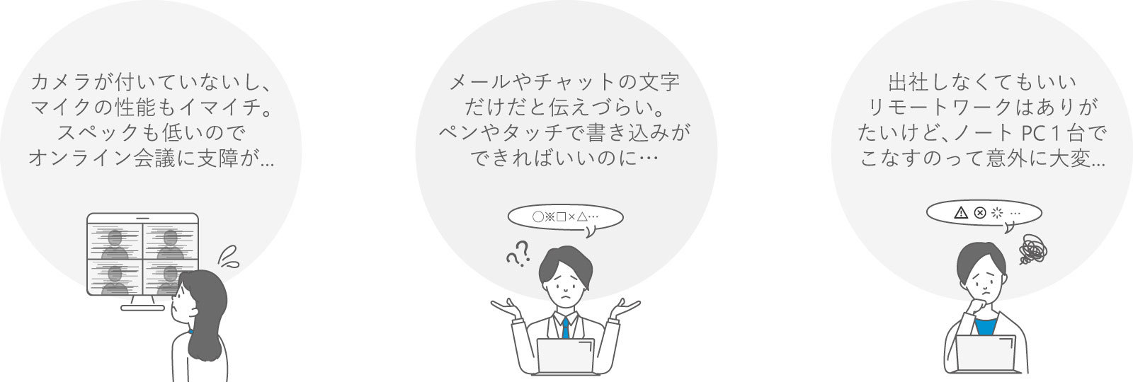 カメラが付いていなくてオンライン会議に支障が…メールやチャットの文字だけだと伝えづらい…ノートPC 1大でこなすのって意外に大変…ということを表現しているイラスト