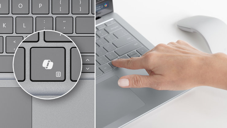 ノートパソコンのキーボードのクローズアップで、Copilotのロゴが描かれたMicrosoft Copilotキーが強調されています。別の画像では、指がノートパソコンのトラックパッドを使っている様子が示されています。