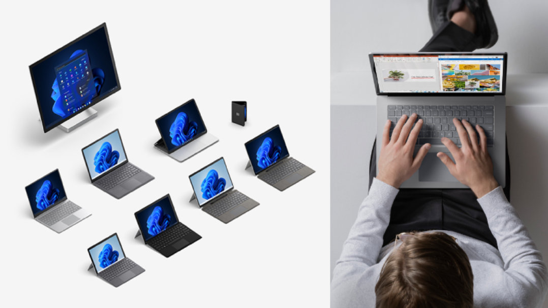 さまざまな Surface デバイスのコラージュで、ノート PC で作業している男性の長い上面図