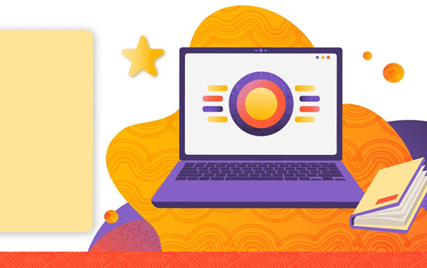 a computer with Indigenous art