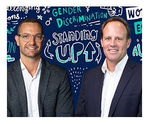 Dom and Duncan on a coloured background with illustrations behind them