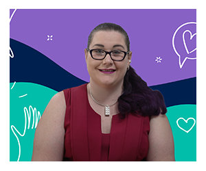 Jess Dodson on a coloured background with illustrations behind her