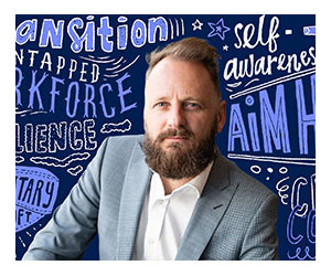 Jimmy Kerr on a coloured background with illustrations behind him