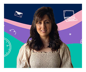 Sahar Saqeb on a coloured background with illustrations behind her