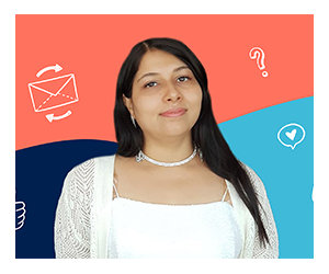 Pooja Prithyani on a coloured background with illustrations behind her