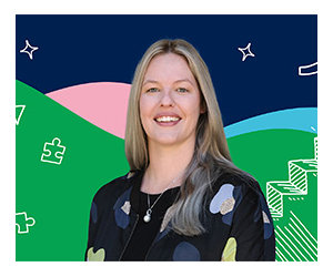 Angela Cibiras on a coloured background with illustrations behind her.