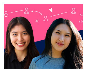 Geneve and Emily on a coloured background with illustrations behind them