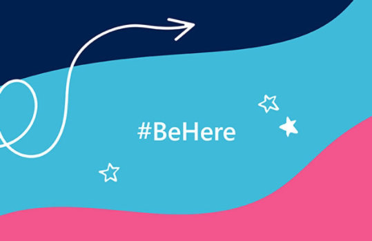 A blue and pink background with star illustration | #BeHere