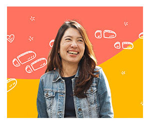 Hui Cheng upon a background with a shoe-print trail illustration