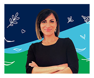 Manasi Priya on a coloured background with illustrations behind her