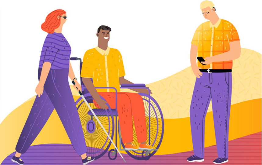 a person with a walking stick, a person in a wheelchair and a person looking down at their phone.