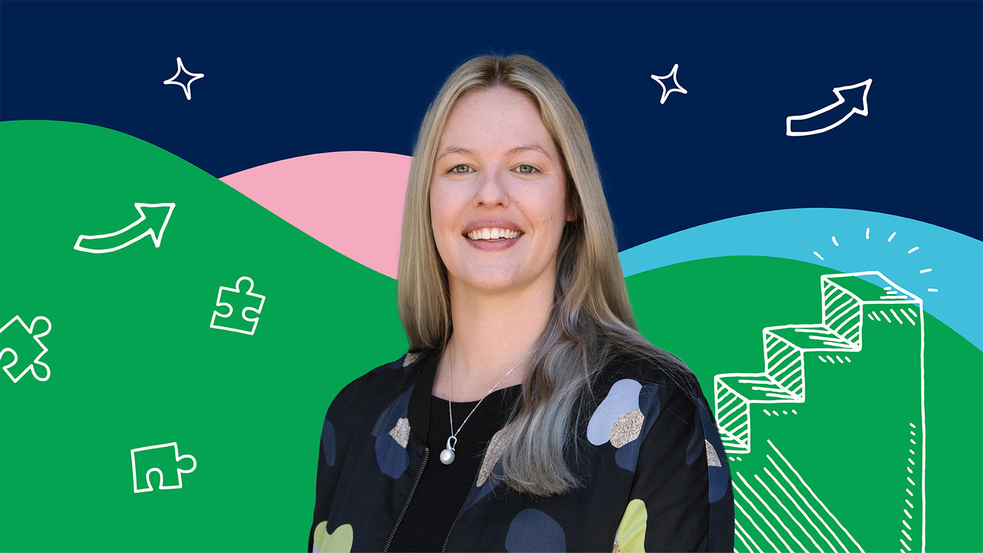 Angela Cibiras on a coloured background with illustrations behind her.