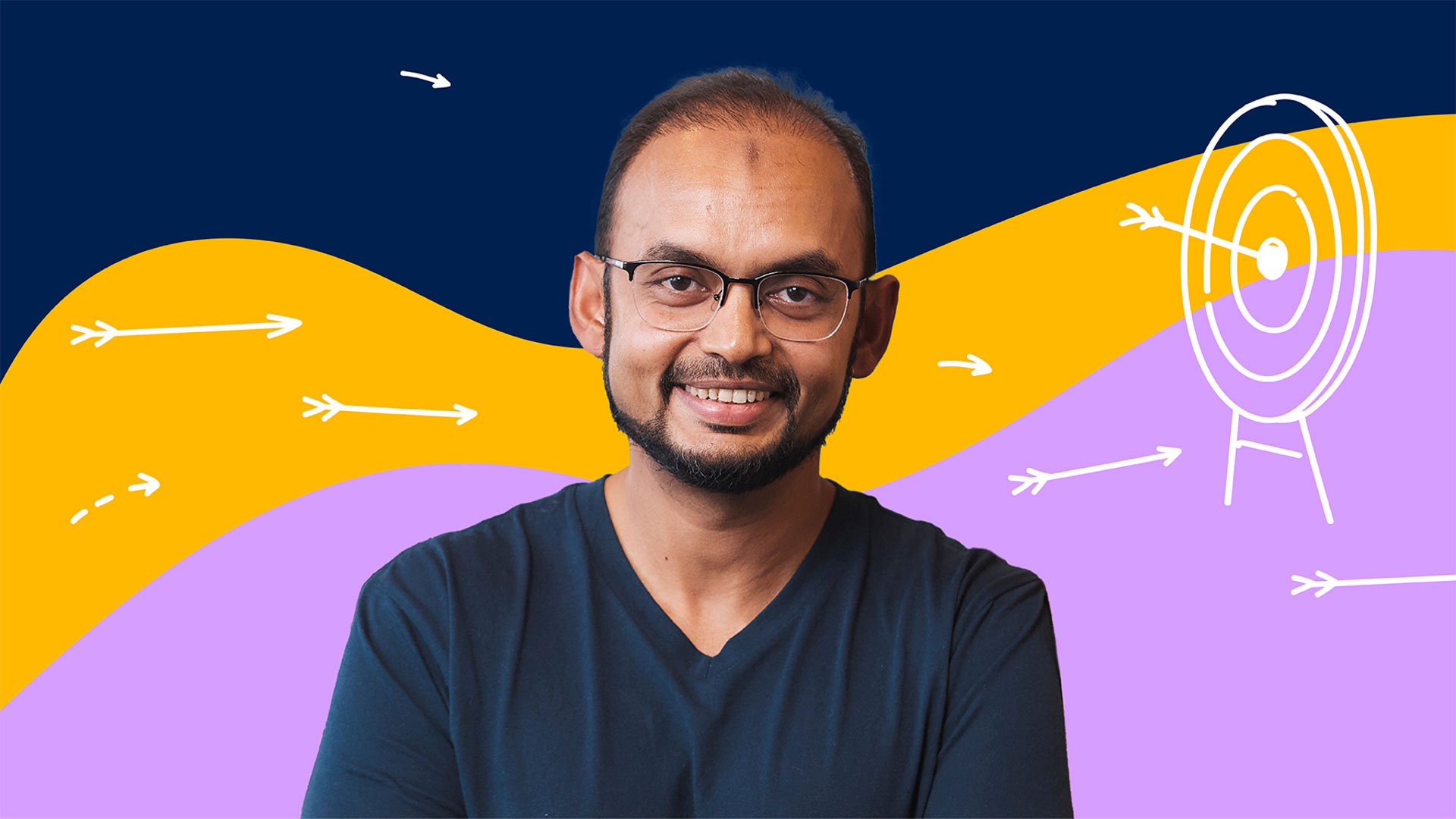 Asif Khan with an archery illustration behind him