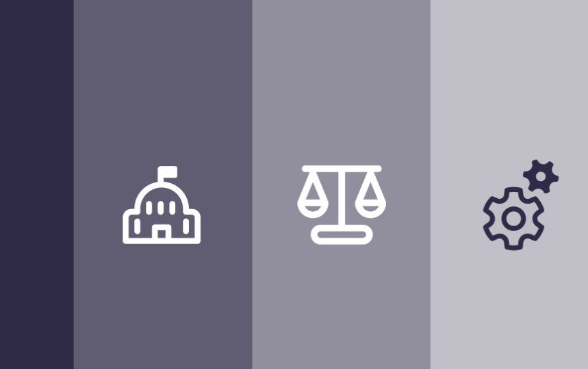 3 vertical sections in varying shades of gray and navy blue, each of them containing an icon: a government building, a justice scale and a gear