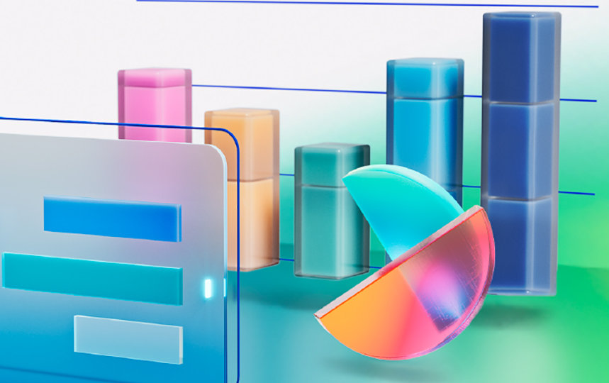 A colorful illustration with a bar chart, pie chart and contact card vector 