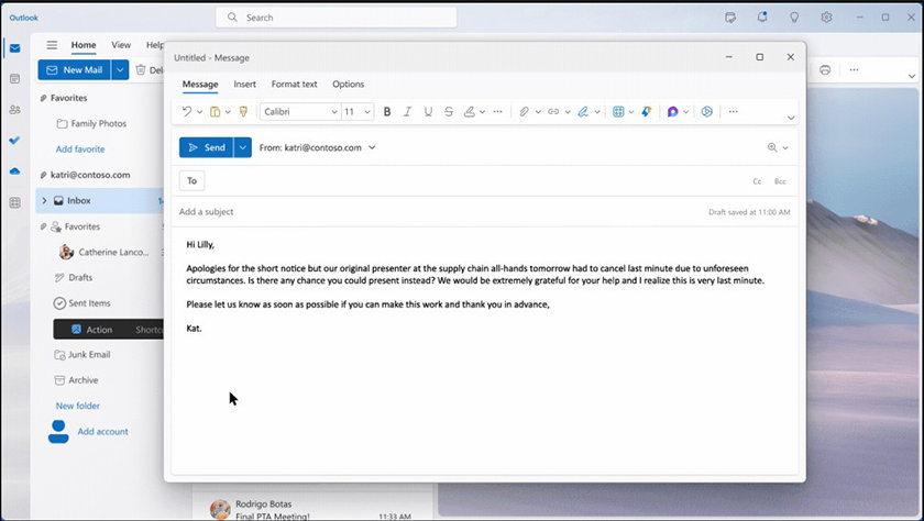 Outlook で Copilot が書いたメールの返信文