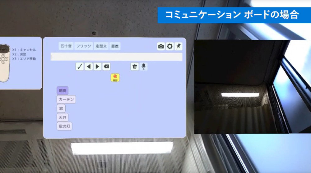「コミュニケーション ボードの場合」という見出しと、室内視野に重なる単語入力用のARパネル。