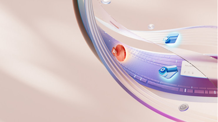 Ein weiches, abstraktes Band aus Glas und Licht schwingt über einen zart rosafarbenen Hintergrund. Entlang der Kurve schweben leuchtende 3D‑App‑Symbole (E‑Mail, Chat, Kalender) in Blau und Rot und vermitteln den Eindruck eines modernen, fließenden digitalen Arbeitsbereichs.