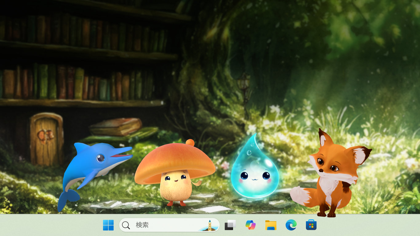  森の図書館を舞台に、イルカ、キノコ、水滴、キツネのキャラクターが描かれたかわいいアニメ壁紙のWindowsデスクトップ。