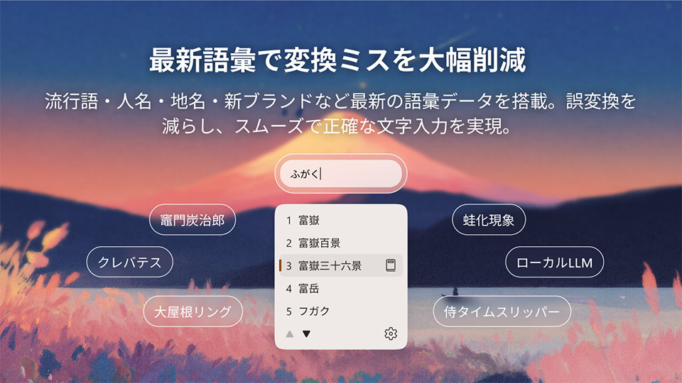 日本語入力画面。「最新語彙で変換ミスを大幅削減」のタイトルと、最新語彙データ搭載で誤変換を減らす説明文が表示。「ふがく」入力時の候補に「富嶽三十六景」などがリストアップされ、「竈門炭治郎」、「蛙化現象」、「ローカルLLM」といった候補も見られる。背景は夕焼けの風景。