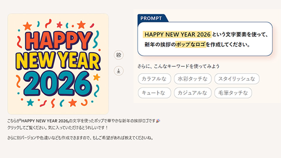 PROMPT「HAPPY NEW YEAR 2026 という文字要素を使って、新年の挨拶のポップなロゴを作成してください。」さらに、こんなキーワードを使ってみよう「カラフルな」「キュートな」「水彩タッチな」「カジュアルな」「スタイリッシュな」「毛筆タッチな」・生成されたロゴ