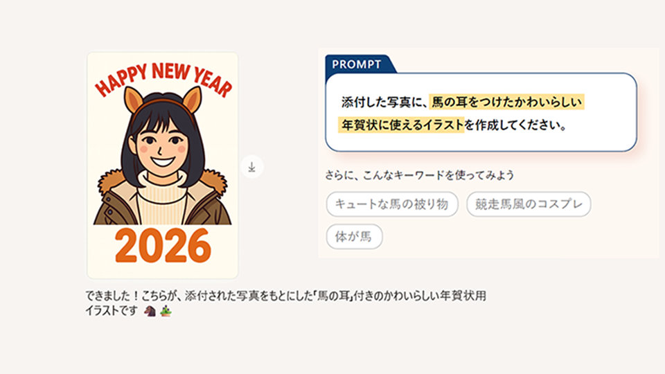 お題：「添付イラストを元に、年賀状に使える可愛い馬耳付きイラストを作成してください。」また、「可愛い馬の被り物」「馬の体」「競走馬風コスプレ」などのキーワードも使ってみてください。