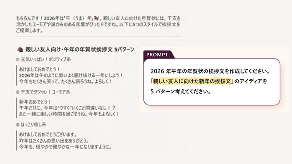 PROMPT「2026年午年の年賀状の挨拶文を作成してください。「親しい友人に向けた新年の挨拶文」のアイディアを5パターン考えてください。」と生成された挨拶文