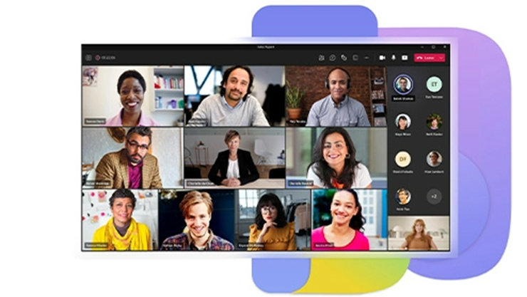 Bildschirmaufnahme einer Microsoft-Teams Konferenz. Im Hintergrund befindet sich eine farbige abstrakte Illustration.