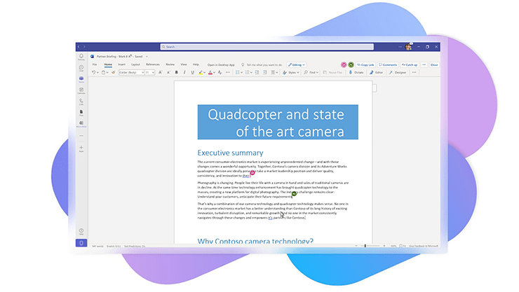 Bildschirmaufnahme einer Word-Datei in Microsoft-Teams , in der kollaborativ gearbeitet wird. Im Hintergrund befindet sich eine farbige abstrakte Illustration.