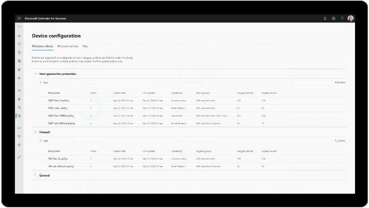 Der Bildschirm zur Gerätekonfiguration in Microsoft Defender for Business.