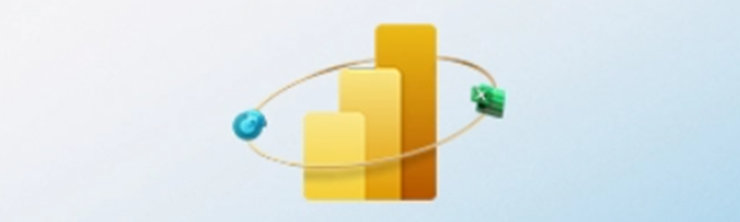 Microsoft Power BI Logo, um das Illustrationen angeordnet sind.