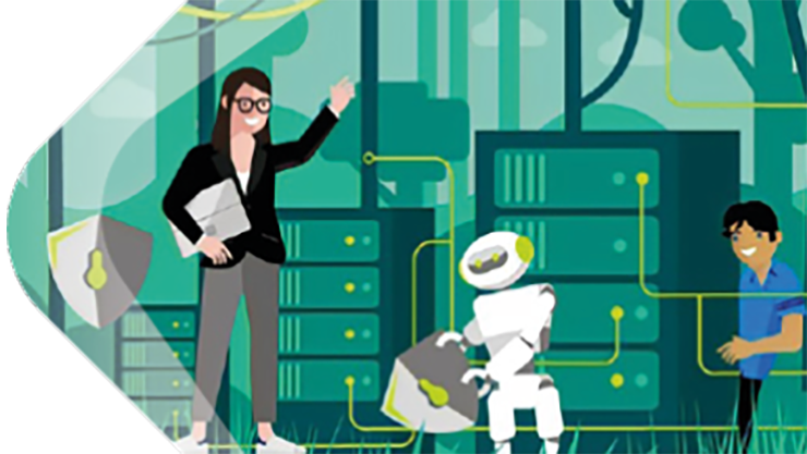 Eine Illustration von zwei Personen im Büro vor grünem Hintergrund.