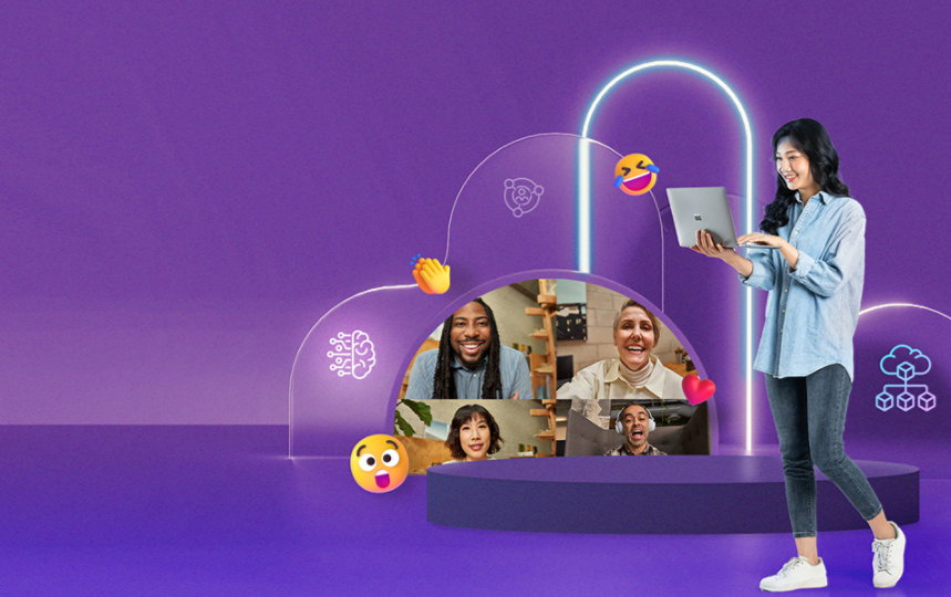 Fotomontage einer Frau, Team-Videochat auf violettem Hintergrund