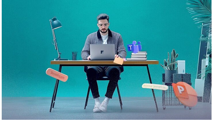 Eine Person sitzt an einem Schreibtisch vor grünem Hintergrund und arbeitet allein an einem Laptop, umgeben von digitalen Symbolen.