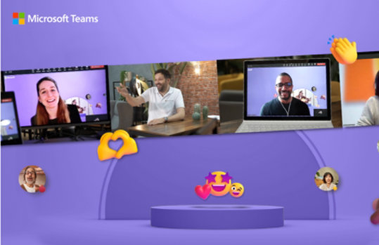 Eine Collage aus verschiedenen Bildern mit Personen in Teams-Sessions auf hellem, violettem Hintergrund