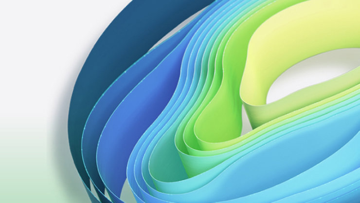 Ein dekoratives Bild mit hauptsächlich gelben, blauen und grünen Bändern