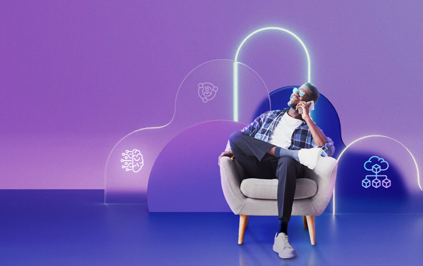 Ein Mann sitzt auf einem Sessel und telefoniert. Im Hintergrund befinden sich animierte abstrakte Grafiken.