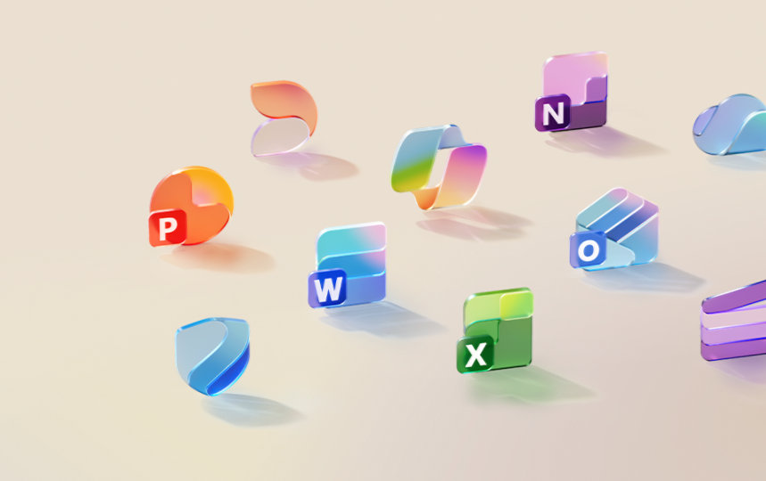 カラフルで半透明のガラス 3D Microsoft 365 アイコン (Word、Excel、Copilot、PowerPoint、Outlook、OneNote、Microsoft Defender、OneDrive、Clipchamp、Designer) が明るい背景に散りばめられています。