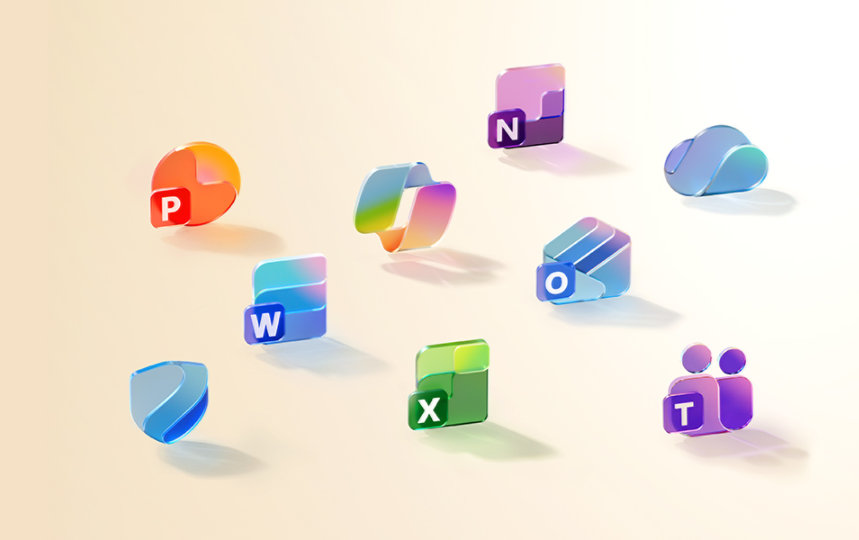 カラフルで半透明のガラス 3D Microsoft 365 アイコン (Word、Excel、Copilot、PowerPoint、Outlook、OneNote、Microsoft Defender、OneDrive、Teams) が明るい背景に散りばめられています。