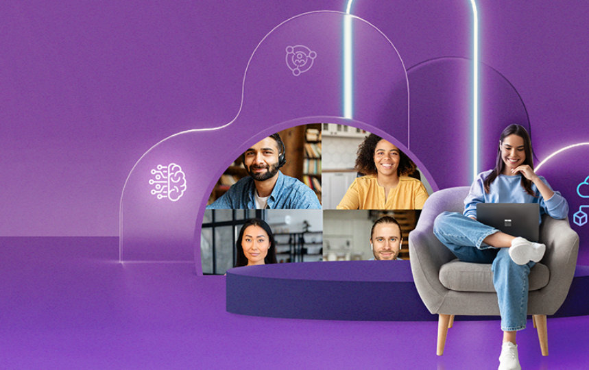 Eine Frau sitzt in einem grauen Sessel und schaut auf einen Laptop. Hinter ihr befindet sich eine violette, abstrakte Form mit Bildern von vier Personen in einem Videokonferenzfenster. Über den Videokonferenzteilnehmern schweben Symbole, die Konnektivität, künstliche Intelligenz und Cloud-Computing darstellen. Der Hintergrund ist ebenfalls violett.