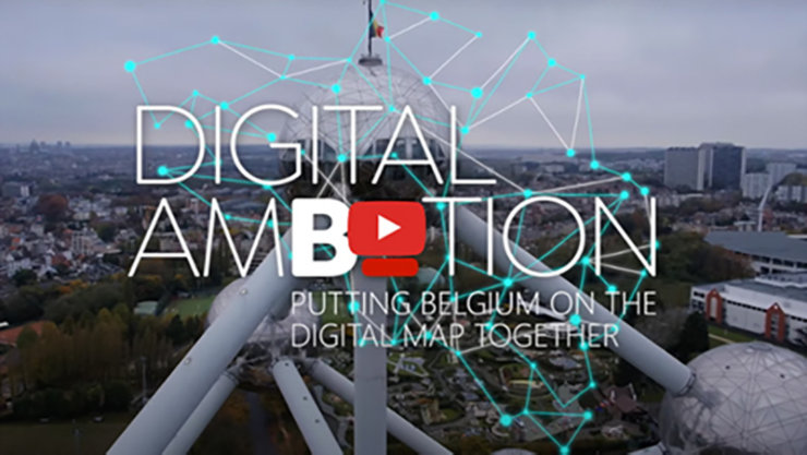 view of the atomium in brussels with the overlay text "digital ambition - putting belgium on the digital map together" text with icon of youtube