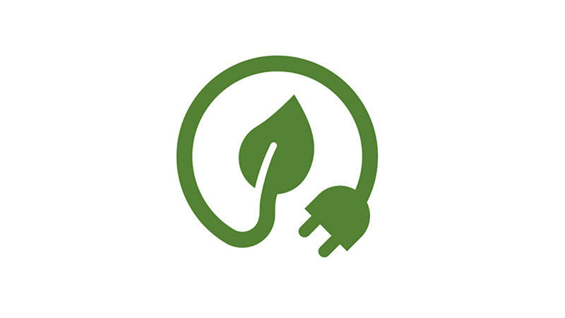 Green logo representing a circular design incorporating a leaf and an electrical plug, symbolizing eco-friendly Connectivity