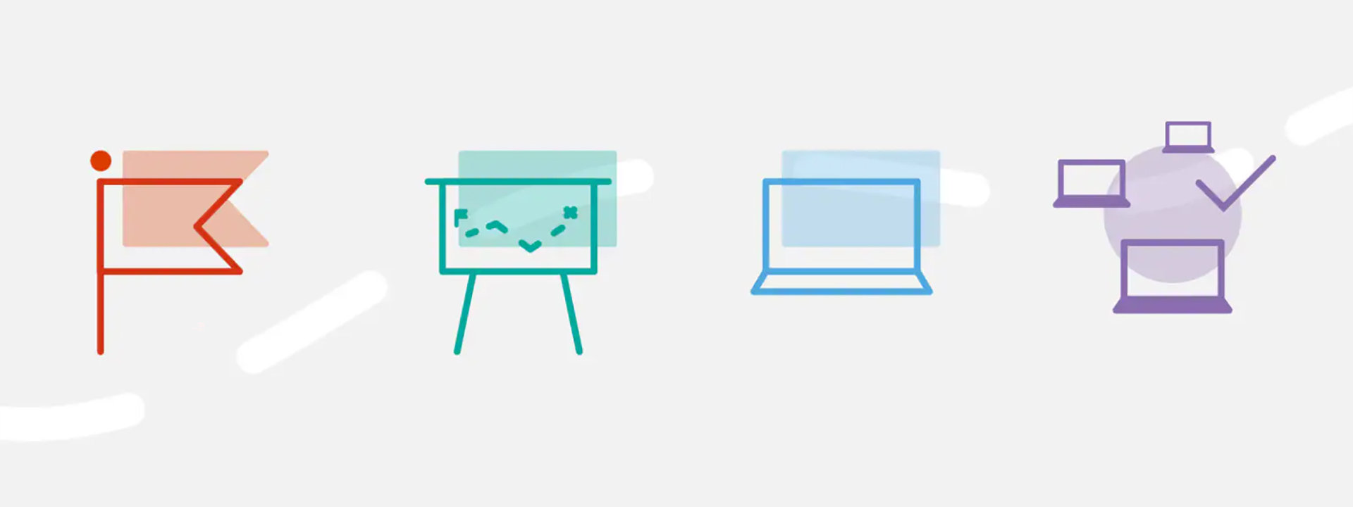 Dieses Bild zeigt den Prozess zur digitalen Schule mit 4 Icons. Es beginnt links mit einer Fahne über ein Whiteboard zu Surface Geräte Icons.