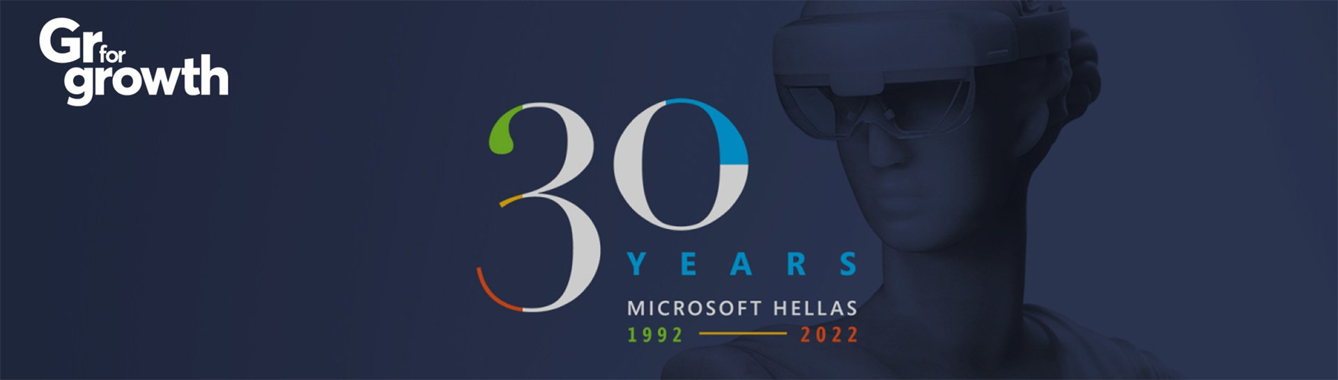 μπλε φόντο με γυαλιά εικονικής πραγματικότητας και λέξη 30 Years Microsoft Hellas 1992-2022