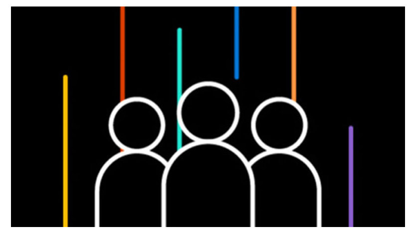 Icon of three people and multi-colored lines on a black background
